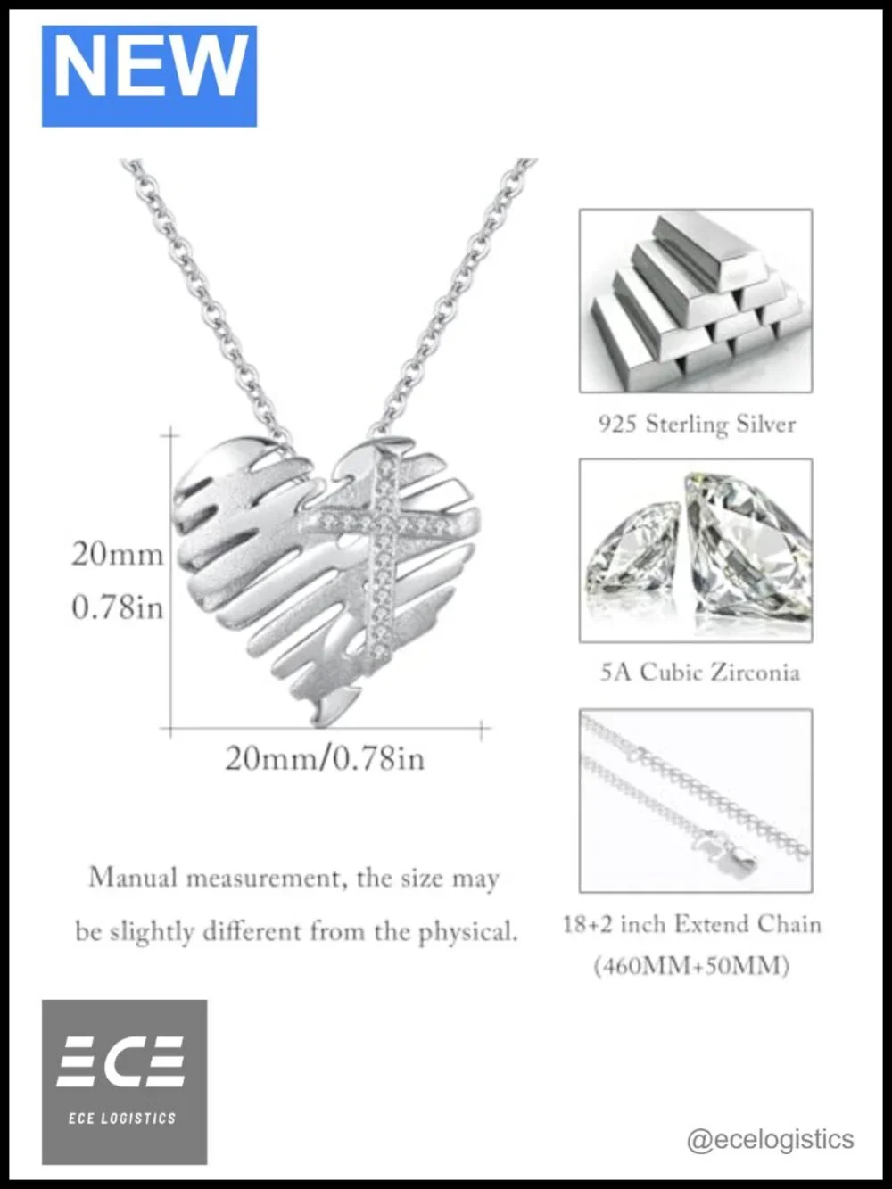 925 Sterling Silver Heart Cross Necklace Double Layer Pendant Jewelry Gift